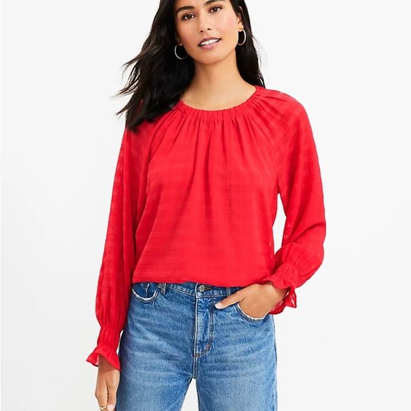 NWT - LOFT - Smocked Cuff Blouse - Red - Picture 2 of 4